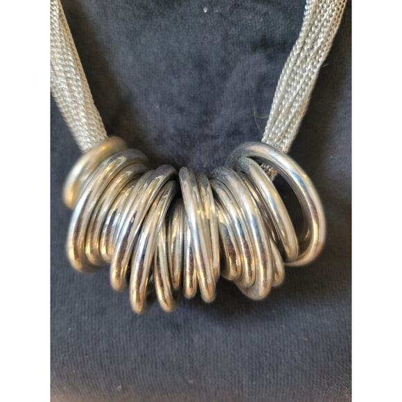 Women's Chunky Silver Statement Necklace With Rings And Lobster Clasp Lock - Picture 3 of 8